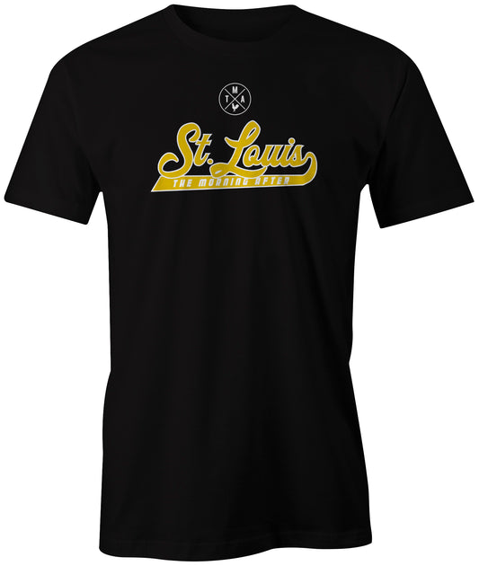 st louis saint tma tmastl script mizzou cardinals blues novelty t shirt tshirt t-shirt black yellow rooster logo archapparel
