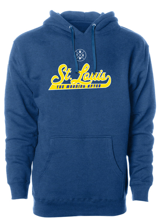 TMA STL The Morning After St. Louis Saint Hoodie Script Blues Hockey Blue Yellow Classic Sports 