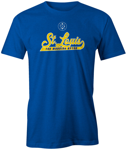 st louis saint tma tmastl script mizzou cardinals blues novelty t shirt tshirt t-shirt black yellow rooster logo archapparel blue yellow st louis blues