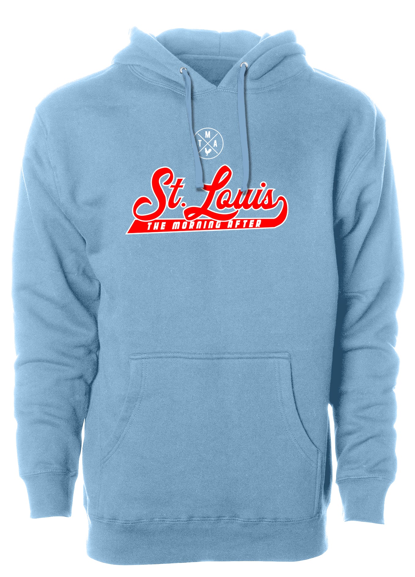 TMA STL The Morning After St. Louis Saint Hoodie Script Cardinals Baseball Powder Blue Red Classic Style